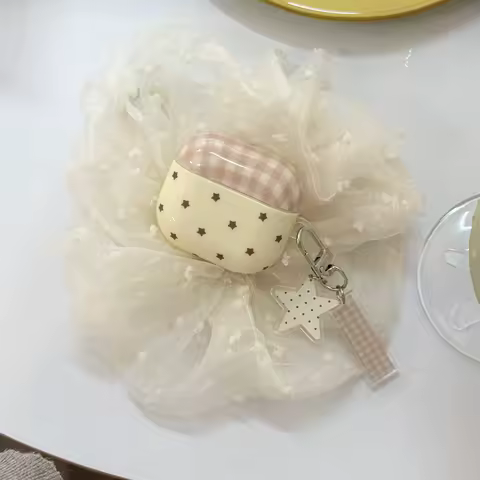 Korean Style Cream Yellow Mix and Match Star Grid Pattern Earphones Protective Cover Case for AirPods 1 or 2 3 4 Pro 2 Pro 3