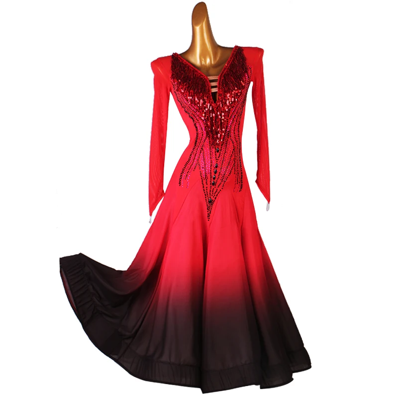 

High End Standard Ballroom Costume Red Black Gradient Women Waltz Ballroom Dance Competition Dress