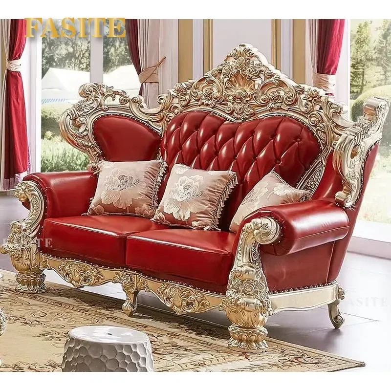 For European Luxury Living Room Sofa Set Classic Royal Carved Solid Wood Frame Leather 1 2 3 Seater Sectional Wedding