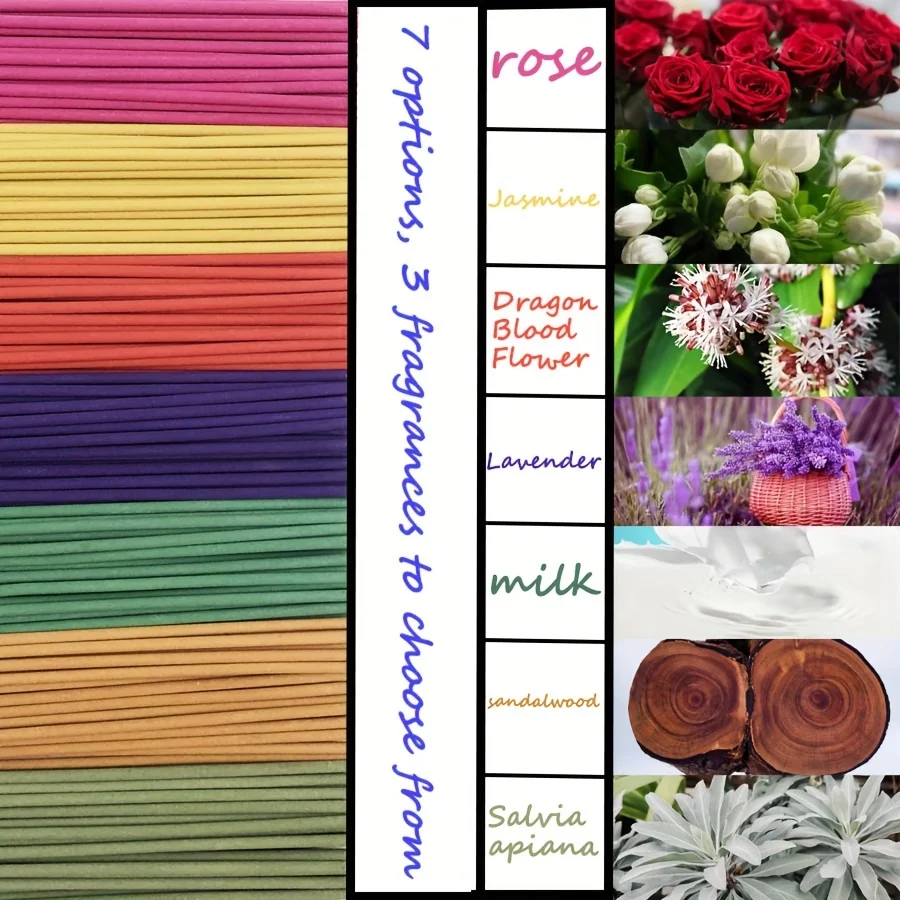 【Set de 7 Aromas Más Vendido】Set de Varillas de Incienso Premium de 22 cm con Aroma Intenso, Compuesto por 7 Aromas que Incluyen Jazmín, Lavanda, Incienso, Rosa, Flor de Cerezo, Salvia Blanca, Sándalo, Etc. Varillas de Incienso de Bambú Hechas a Mano Trad