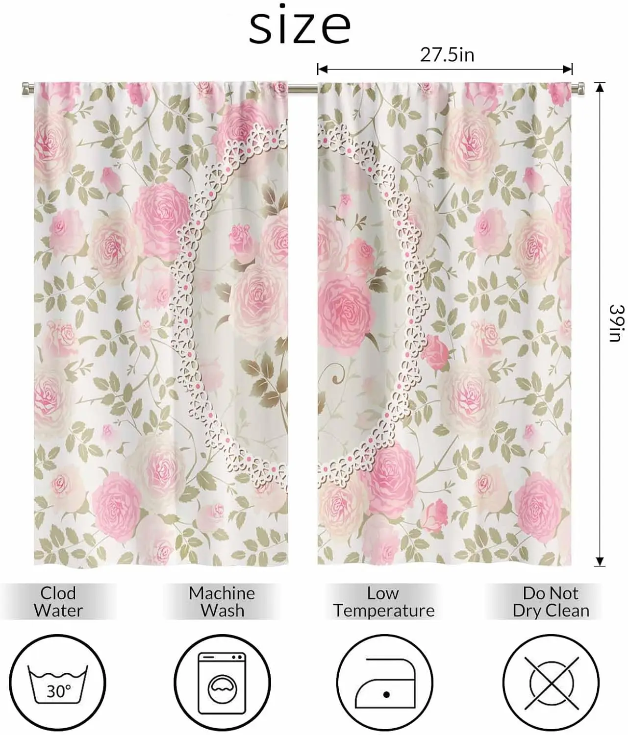 Pink Rose Kitchen Curtains Lace Frame Shabby Chic Roses Floral Bouquet Short Tier Curtains for Bathroom Cafe Small Window Drapes