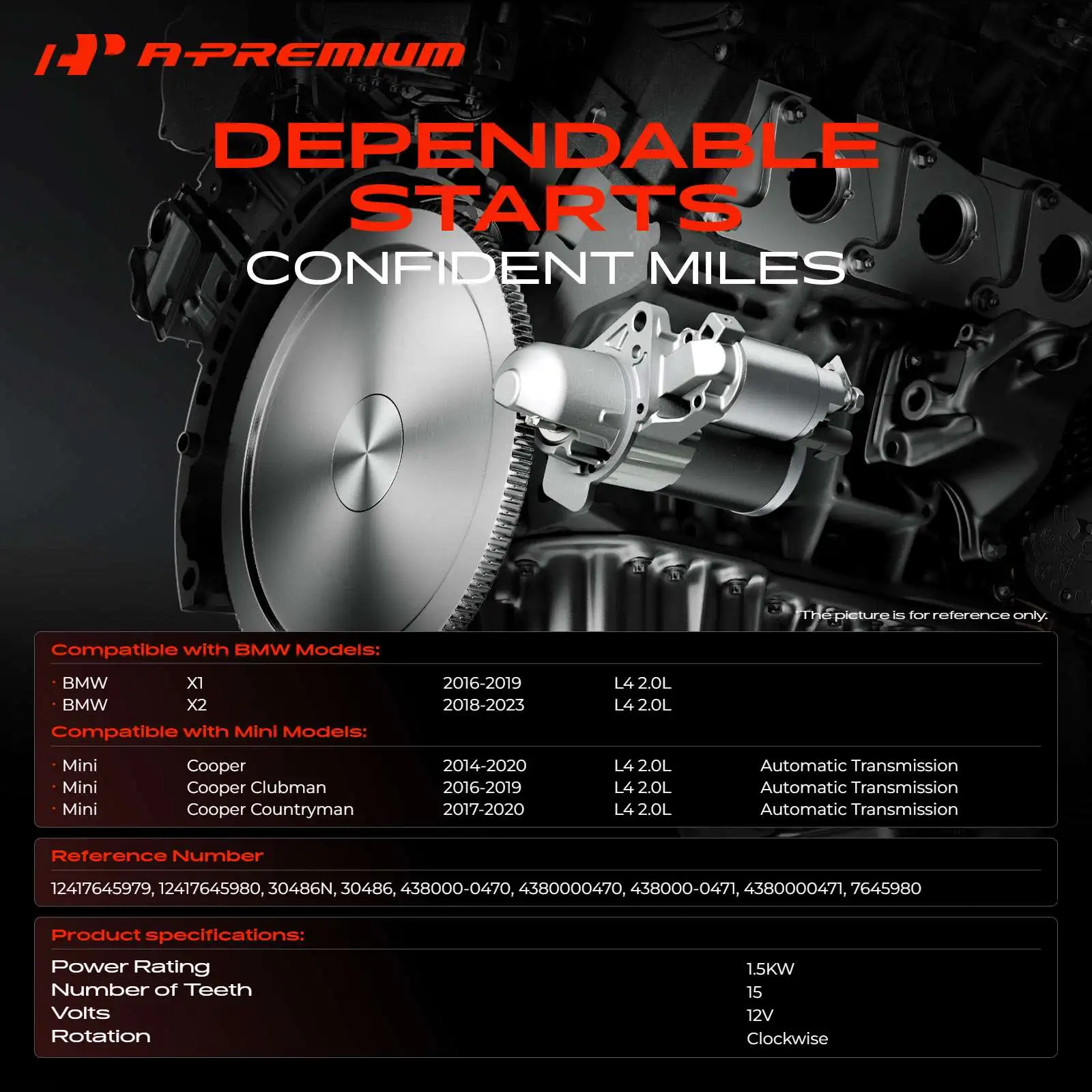 A-Premium Starter Motor for Mini Cooper 2014-2020 Cooper Clubman 2016-2019 Cooper Countryman BMW X1 2016-2019 X2 2018-2023