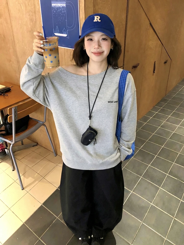 

ay Long Sve Lazy Sle oulder Bared Sweatirt Women's Early Spring Letter Print Loose Slim round Ne Hatl Top