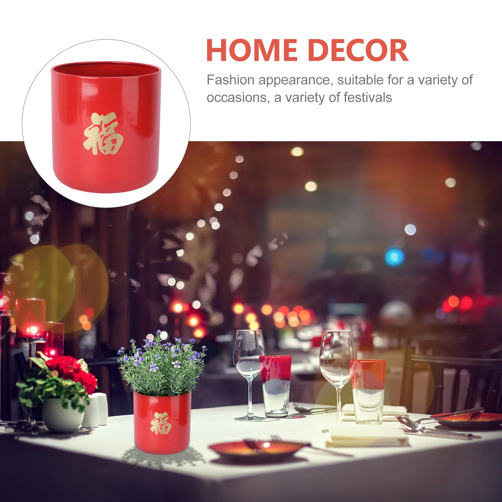 Red Fu Iron Flower Arrangement Container Chinese Chinese New Year Adornment New Year Decor For Home Wedding Party Unique Holder