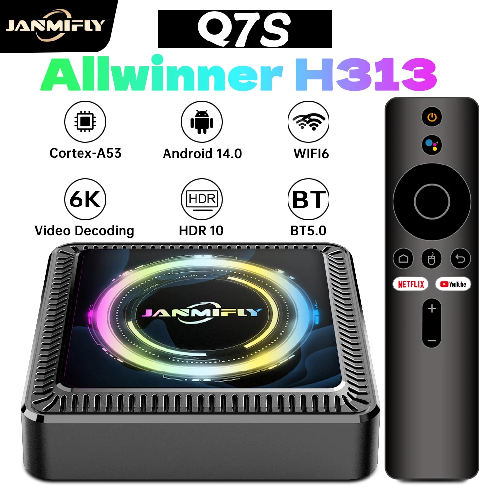 

JANMIFIY Q7S Smart TV Box Android 14 Allwinner H728 Octa-Core WIFI6 6K BT5.+ Bluetooth Voice Netflix Multi-Function Set-top