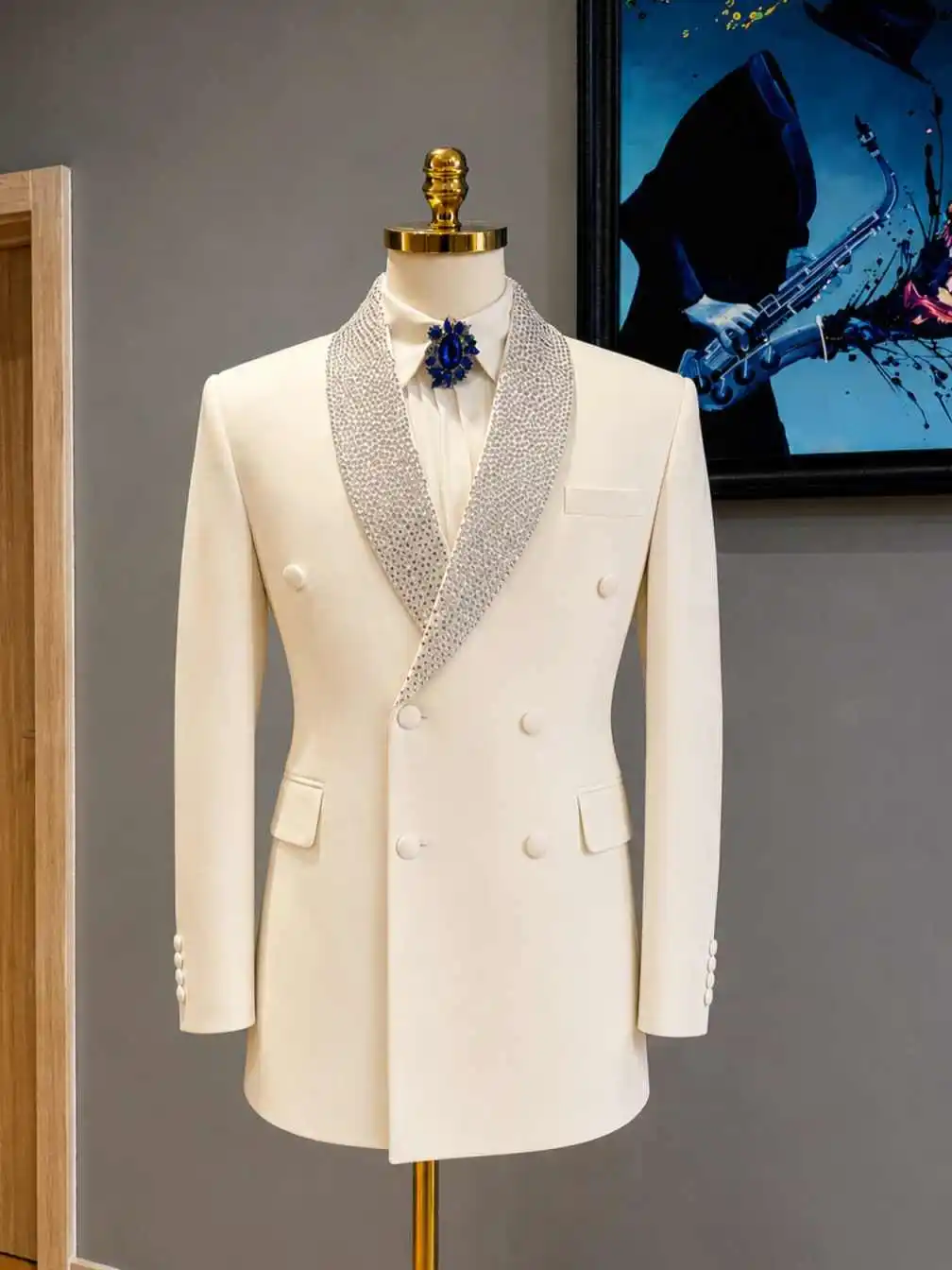 Elegant Ivory Rhinestone Men Blazer Shawl Lapel Double‑Breasted Jacket For Wedding Ceremony Banquet Evening Event Customized