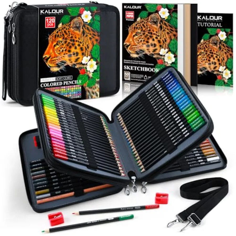 

120 Colored Pencils Set with Carry Case, Sketchbook, Blender, Sharpeners and Color Chart, Oil-Based Soft Core, Professional Art