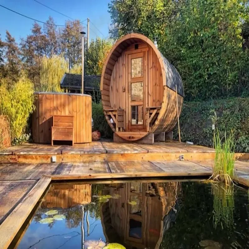 6 Person Outdoor Red Cedar Wood Barrel Sauna Hot Tub High Quality Popular Steam Bath House Garden Spa Kit for Home Use
