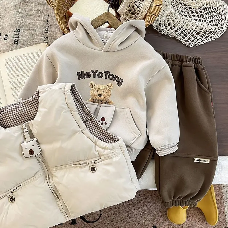 3 PCS set Autumn Winter Boys Girl Cute Thick Vest+Shirt+Loose Harem Pants Kids Children baby Cartoon Handsome Streetwear Clothes