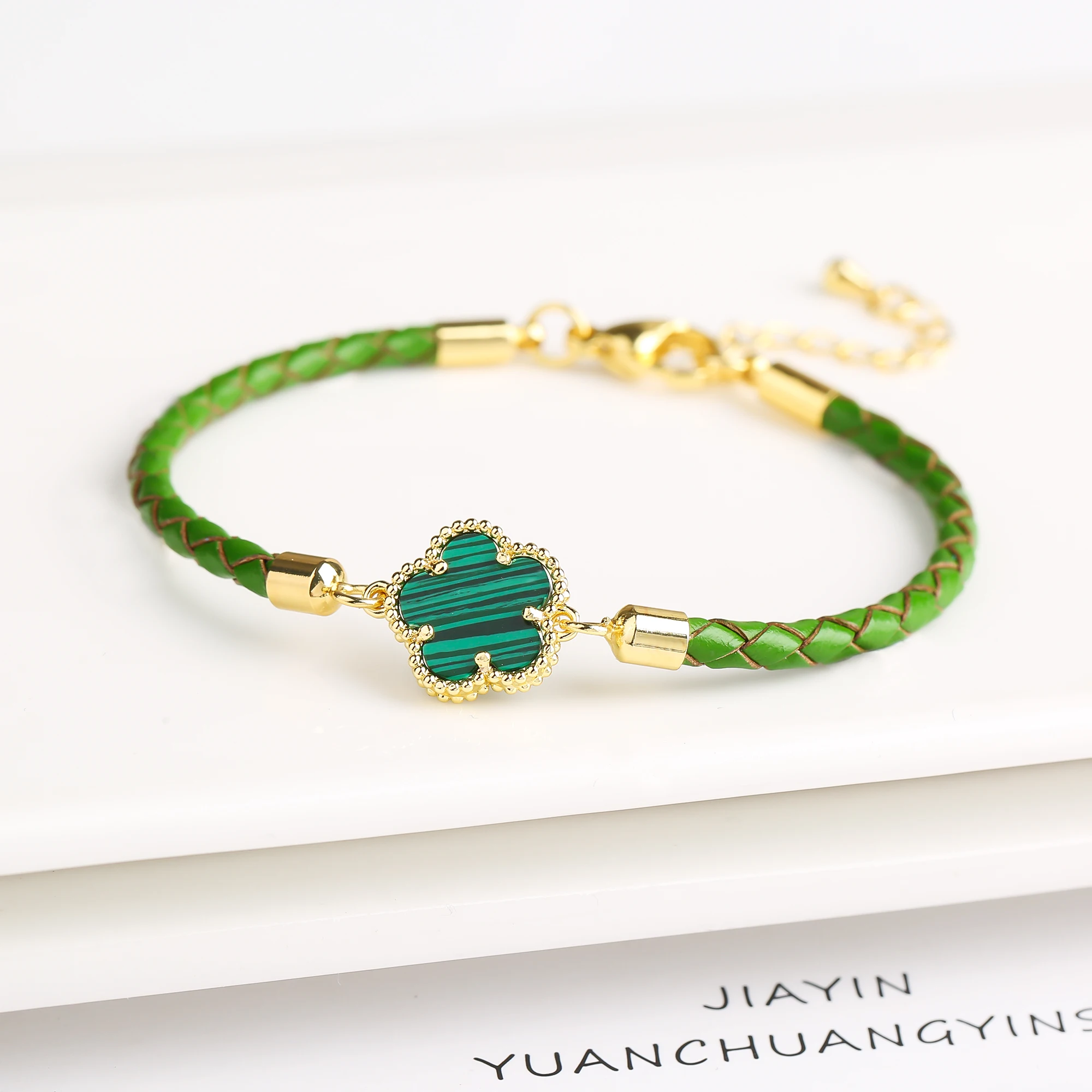 Classic Genuine Leather Woven Natural Stone Flower Charm Bracelet