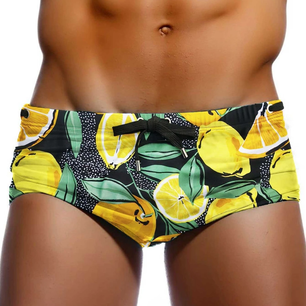 Mens Swimwear Swimsuits Swim Boxer Briefs Bikini Surfing Board Shorts Trunks Orange Print Pouch Water Sport Panties Beach Shorts