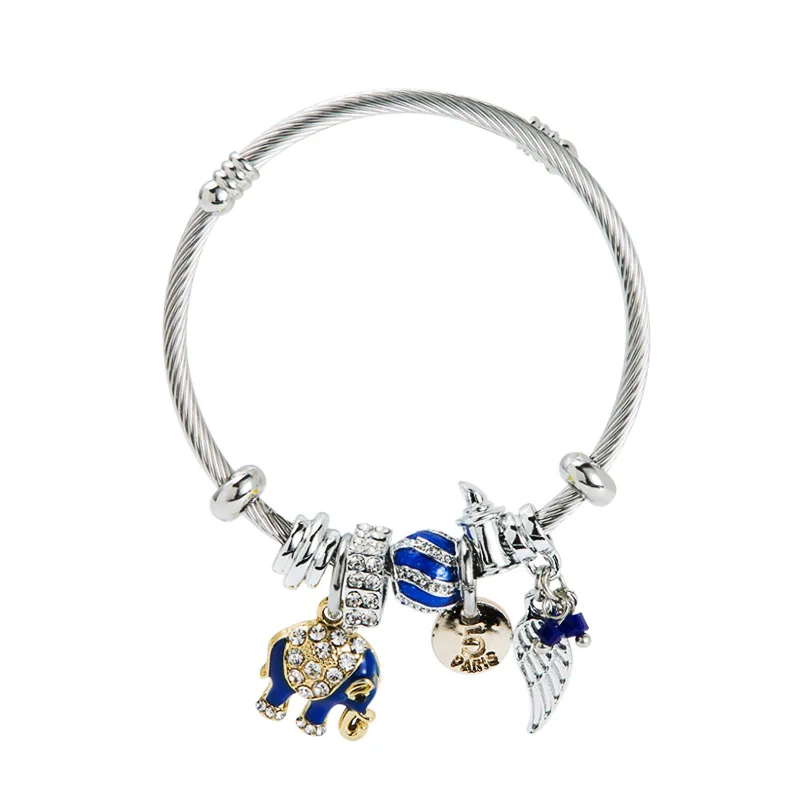 Dropshipping Dark Blue Enamel Elephant Wave Charm Cuff Bracelet Silver Color Angle Wing Bead Jewelry Resizable Bangles