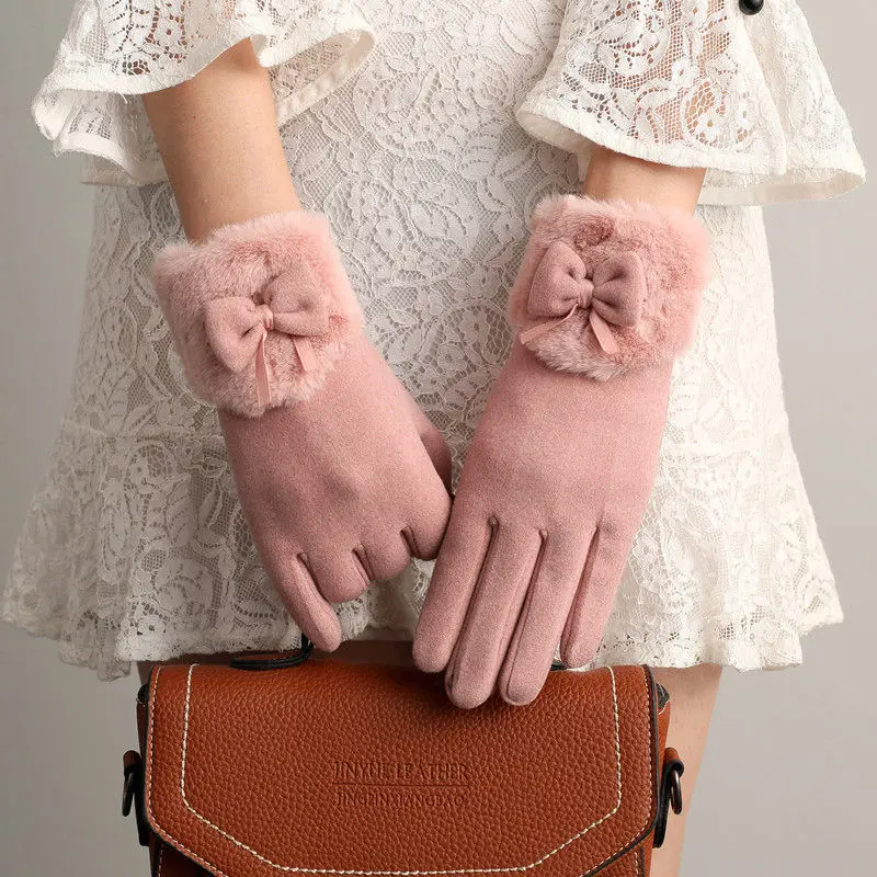 Women Winter Thick Plush Gloves Cute Bow Warm Fashion Full Finger Mittens Touch Screen Outdoor Driving Sports Cycling Gloves