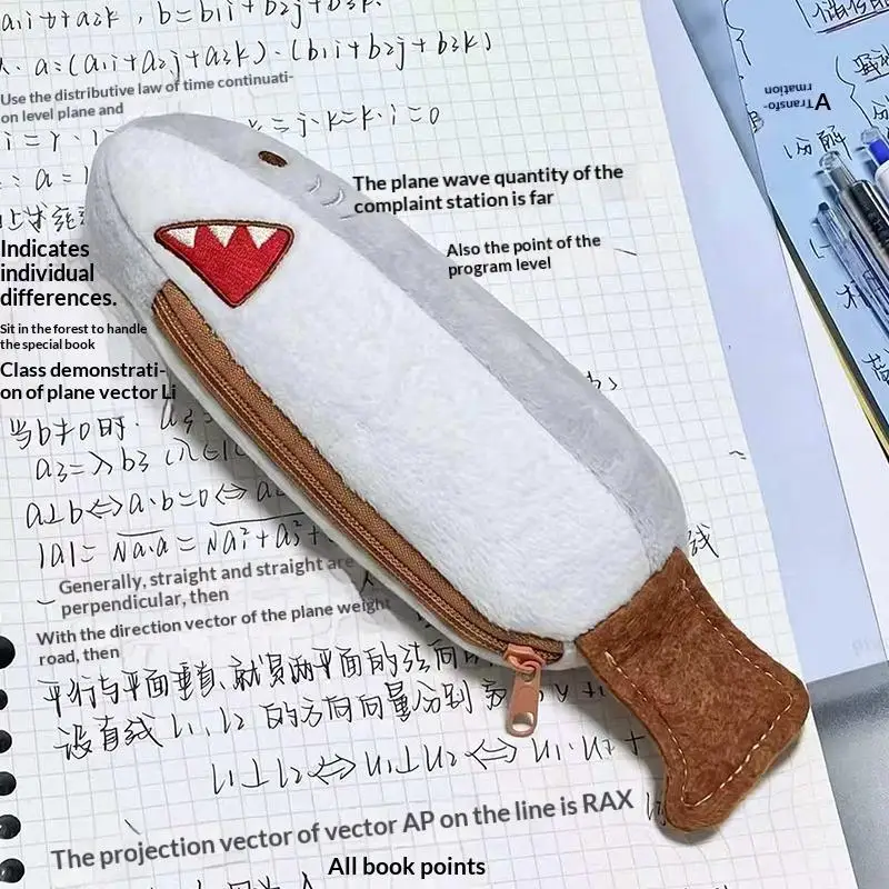 Cute Shark Shaped Plush Pencil Case Large Capacity For Students School Office Stationery Organization