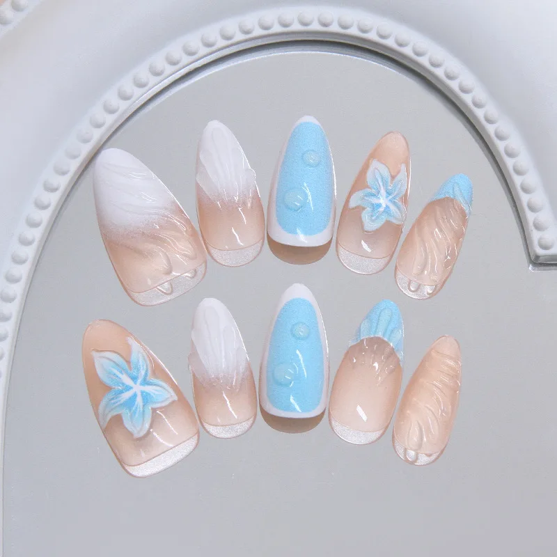 24 Uds. De uñas postizas francesas con degradado azul claro, conchas de flores de lirio 3D, uñas postizas de almendra brillantes, uñas postizas dulces, prensa