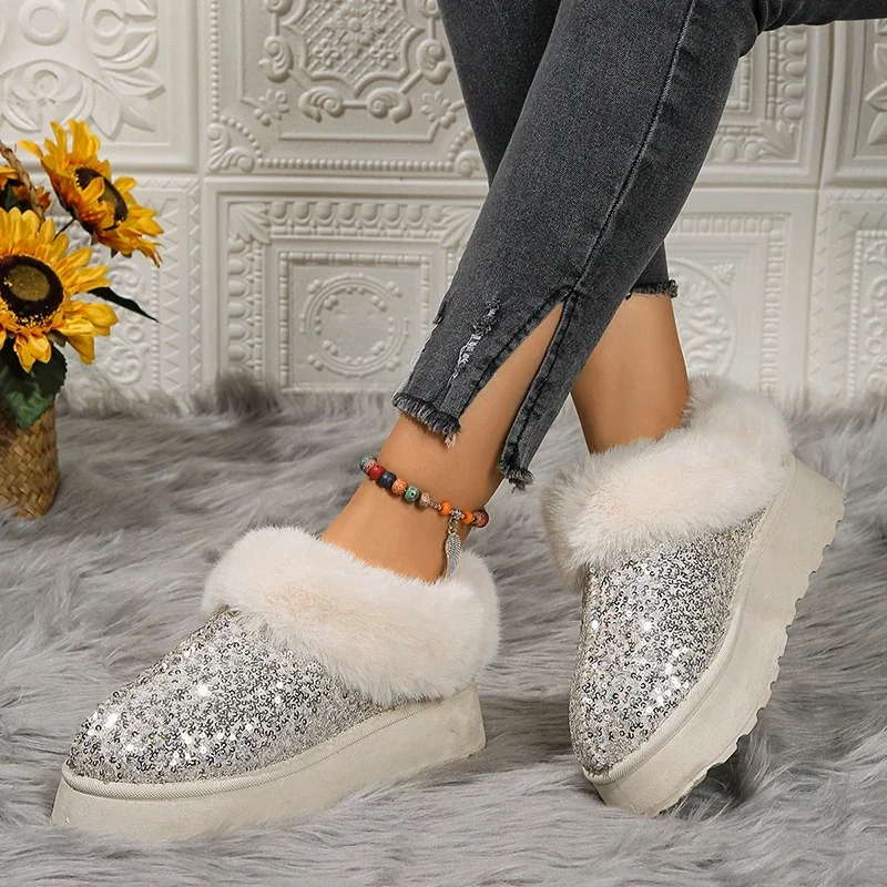 Luxurious Glitter Sequins Womens Plush Ankle Boots Autumn Thick Bottom Platform Snow Boots Ladies Suede Short Plush Shoes Botas