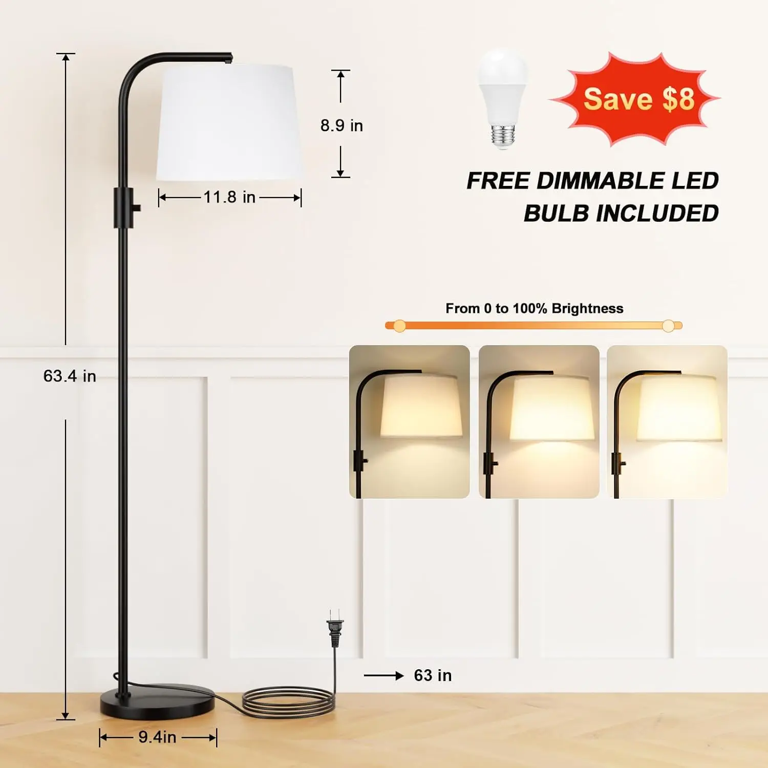 Ambimall Fully Dimmable Floor Lamp - Floor Lamps 9W Led Light Bulbs, Standing Lamps For Living Room With Adjust Head, Modern