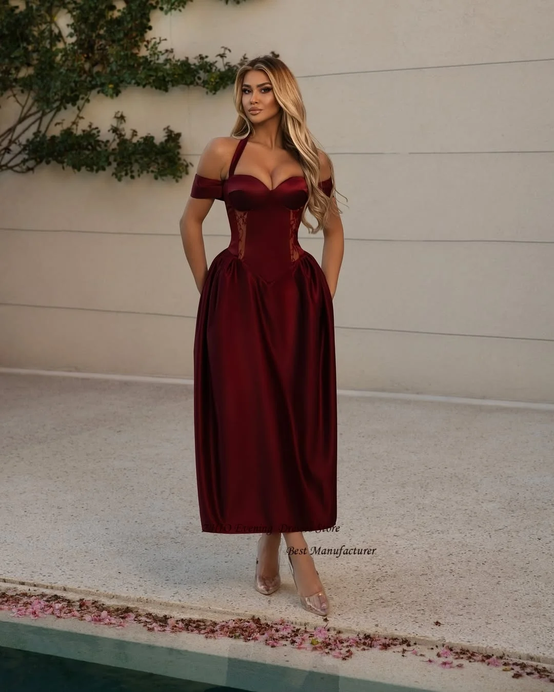 ZHIO 와인 레드 새틴 A 라인 홀터 스윗하트 이브닝 가운 드레스 패턴 (컷 아웃 오프 숄더 발목 길이 폼 댄스 파티 드레스)
