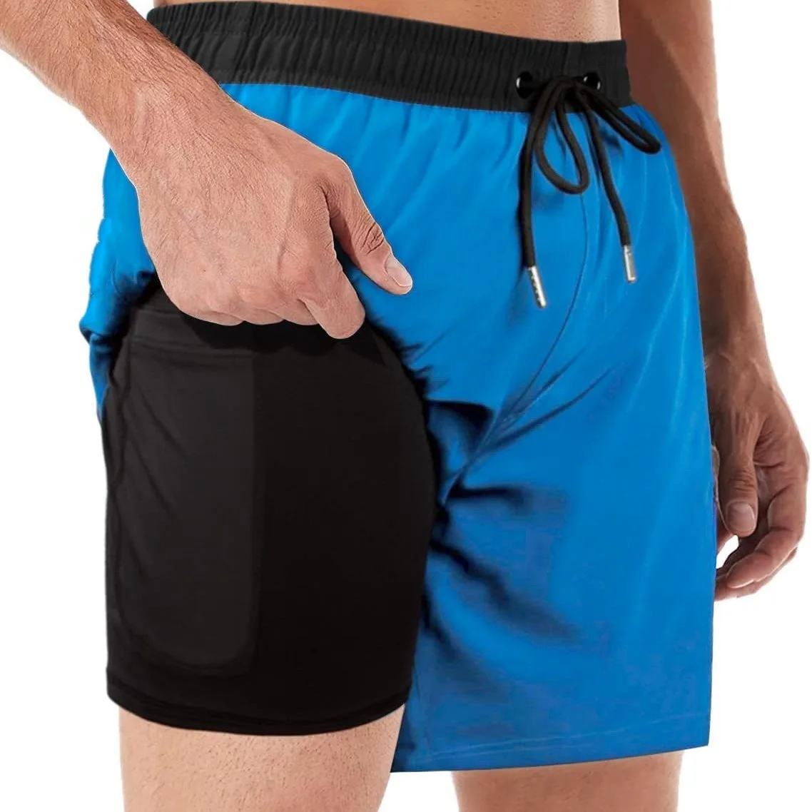 Men's Two-in-One Swimming Trunks with Compression Inner And Casual Fitness Beach Shorts with Pockets Five-Quarter Length