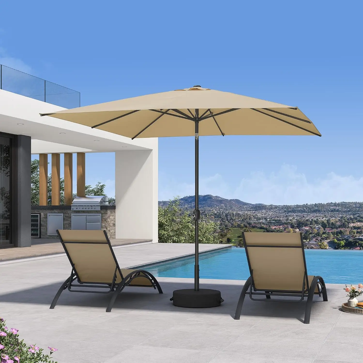 Patio Market Umbrella 8' x 8' with Base Aluminum Crank, Beige | 180 GSM, Color Lasts, UV Protection, Dual-Angle, Customized