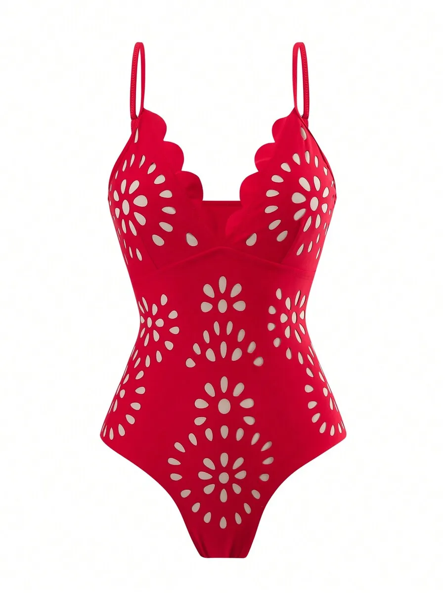 

Red Floral Cut-Out One-Piece Swimsuit For Women Summer Beach Vacation