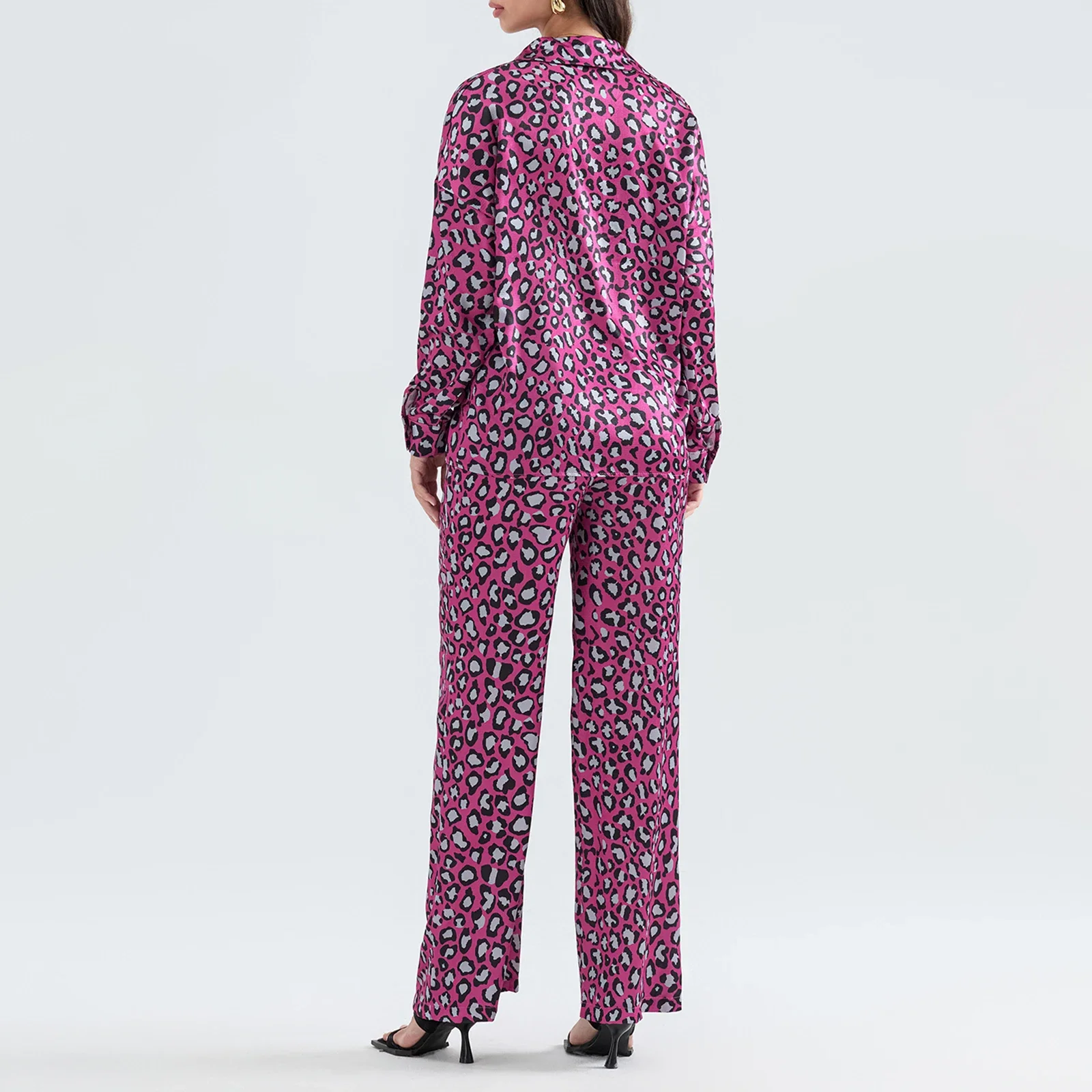 Hirigin-mulheres conjuntos de pijamas, estético estampa leopardo, manga comprida, camisas botão, calças, pijamas, pijamas, Homewear, Y2K, 2024