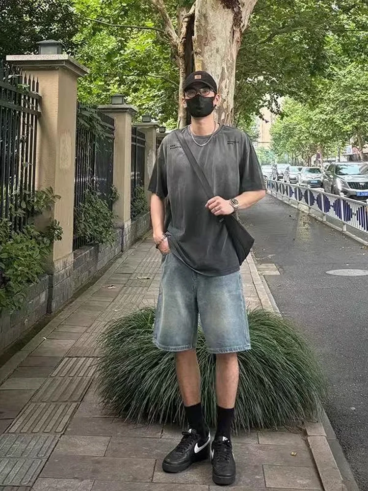 

Retro Japanese Sle Blue Waed Straight Leg Men's Denim orts Casual Loose Fit Five-Quarter Length Starry Night Pattern