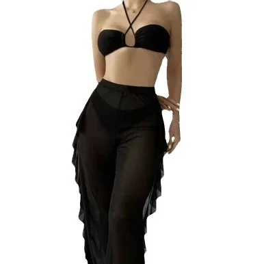 2025 новый сетчатый однотонный сексуальный купальник из трех частей бикини с разрезом и стрингами