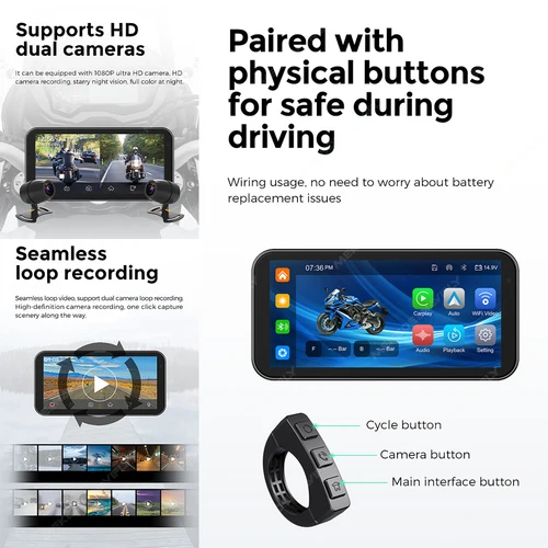 Imagen 2 del producto Portátil 6,25 pulgadas IP67 impermeable motocicleta GPS navegación soporte inalámbrico Carplay Android Auto DVR unidad grabadora Moto TPMS