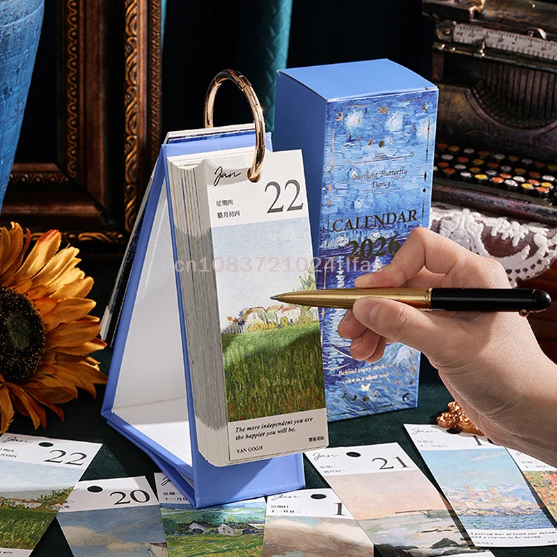 

1 Pc 2026 Desk Calendar Vintage Oil Painting Inspirational Quotes One-Way Page Turn Daily Planner