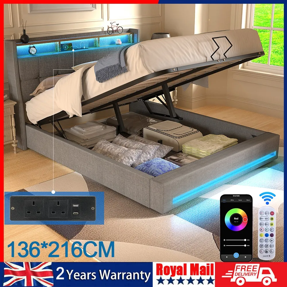 Modern Upholstered Double Bed 136x216cm (4FT6) with Ottoman Storage & Hydraulic Lift Mechanism & Led Light Strip(USB Powered) - Linen Fabric Bed Frame, Built-in Charging Socket, Large Storage Space