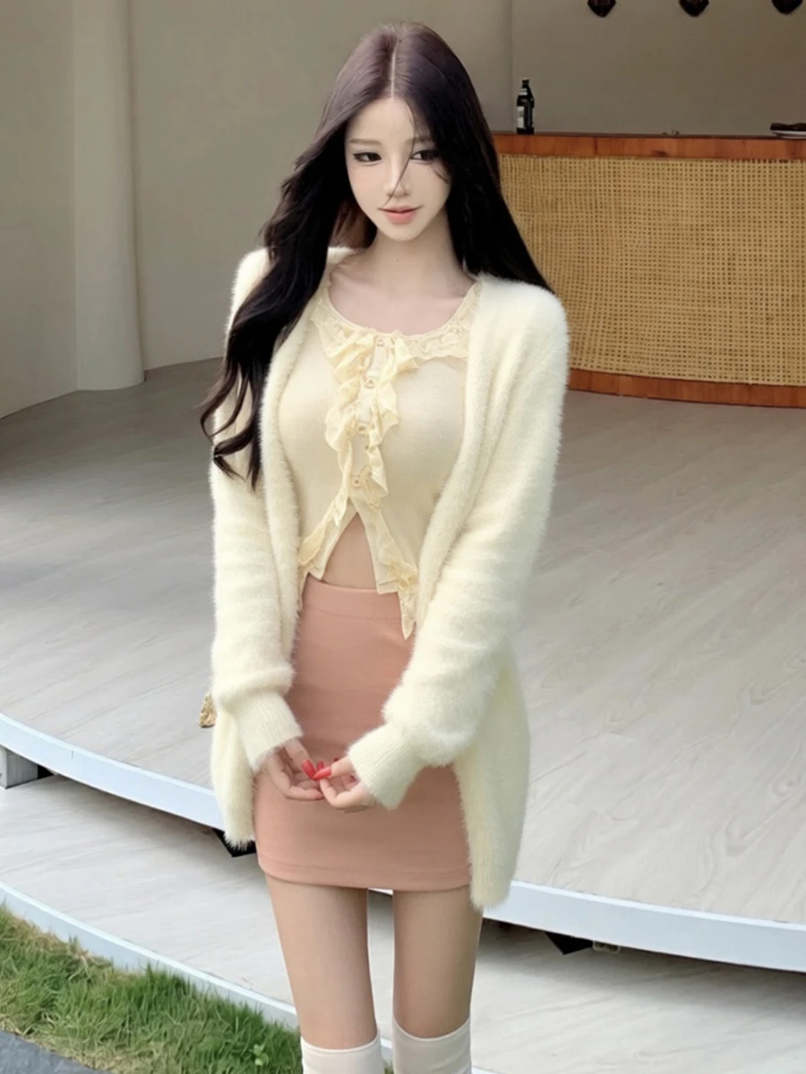 Lace Knitted Vest Cardigan Sweater Half-length Skirt Set Pure Color Casual Style Slimming Effect Wooden  Trim Sexy Design