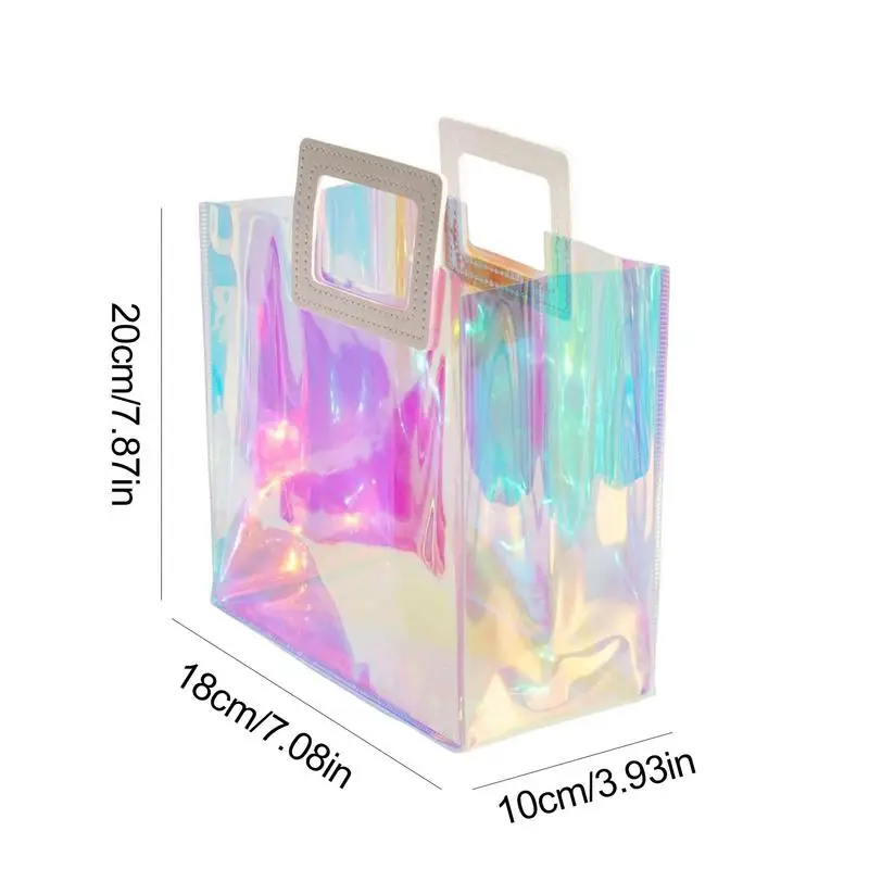 Creative Transparent Tote Bag Holographic Rainbow Color Shopping Bag Reusable Large Capacity Shopping Beach Bag Organizer Pouch