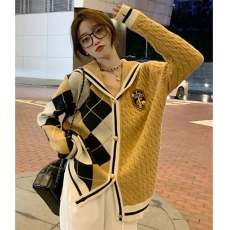 Spring Autumn Knitted Cardigan Women Navy Collar Single Breasted Patchwork Loose Sweater Korean Casual Female Warm Knitwear Coat