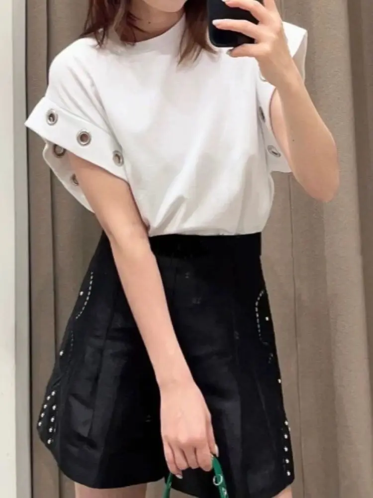 

Women White T-Shirt Circular Decoration Sleeveless O-Neck Loose Summer 2024 Tee Tops