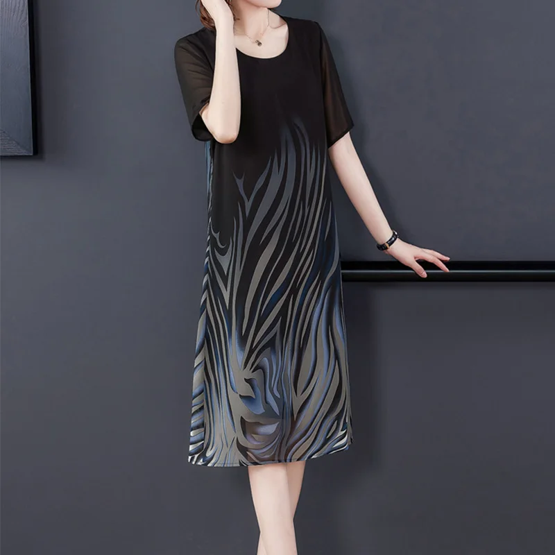 2023 office lady 3D Printing short Sleeve Summer Women's Clothing Round neck loose A-line Net yarn casual Mid-Calf dresses