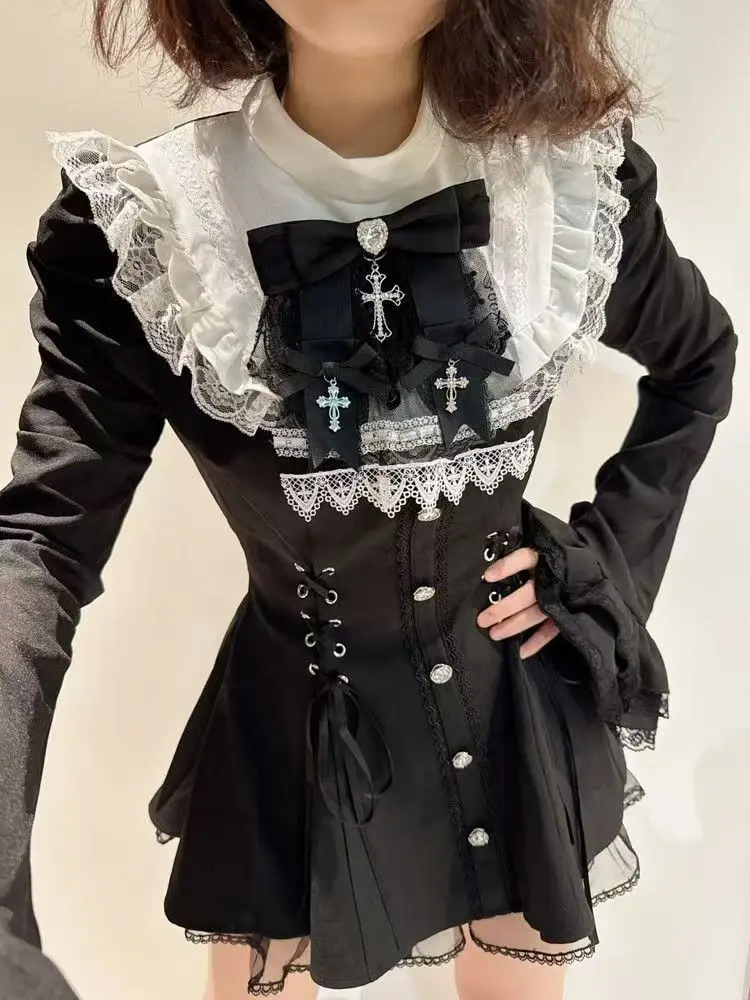 

Элегантное женское готическое платье Лолиты 2025 года, черное короткое платье для косплея на каждый день с большим бантом, S-XL, кавайное платье с длинными рукавами