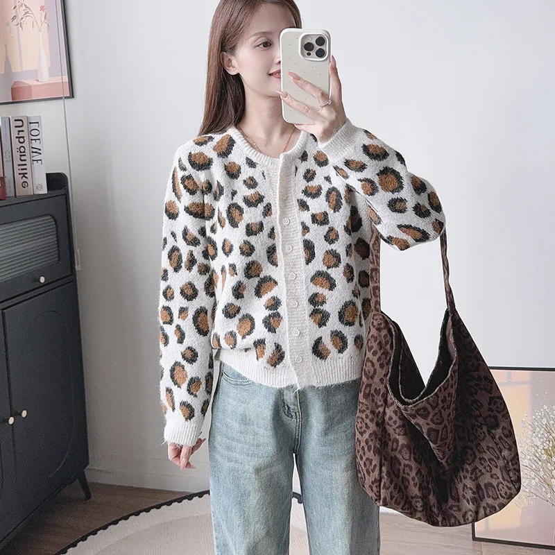 Leopard Print Knitted Cardigan for Women Lazy Style Fashion Round Neck Long Sleeve Soft Sweater Coat Autumn Female Loose Tops