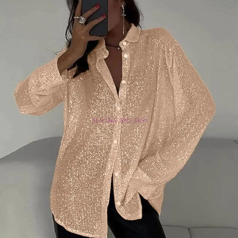 49ME Womens Sequins Long Sleeve Collared Shirts Button Down Open Front Shirt Loose Blouses Glitter Button Down Shirt