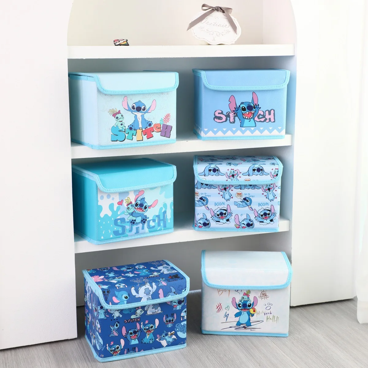 Cute Stitch Desktop Dustproof Storage Box Leather Waterproof Flip Cover Cartoon Foldable Stationery Organizing Box