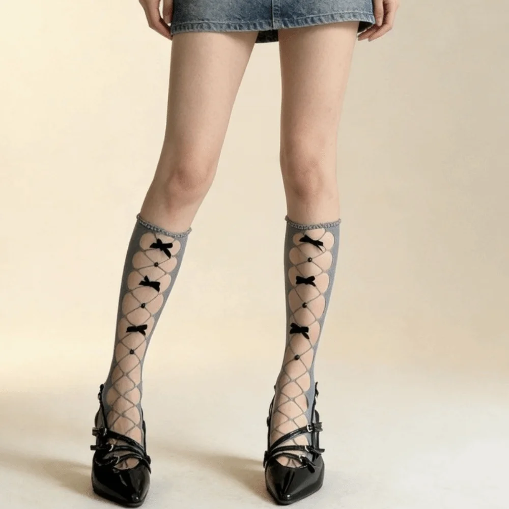 New Hollow Out Fishnet Socks Thin Fabric Ruffle Trim Net Stockings Bow Decor Bow Socks Girls Women