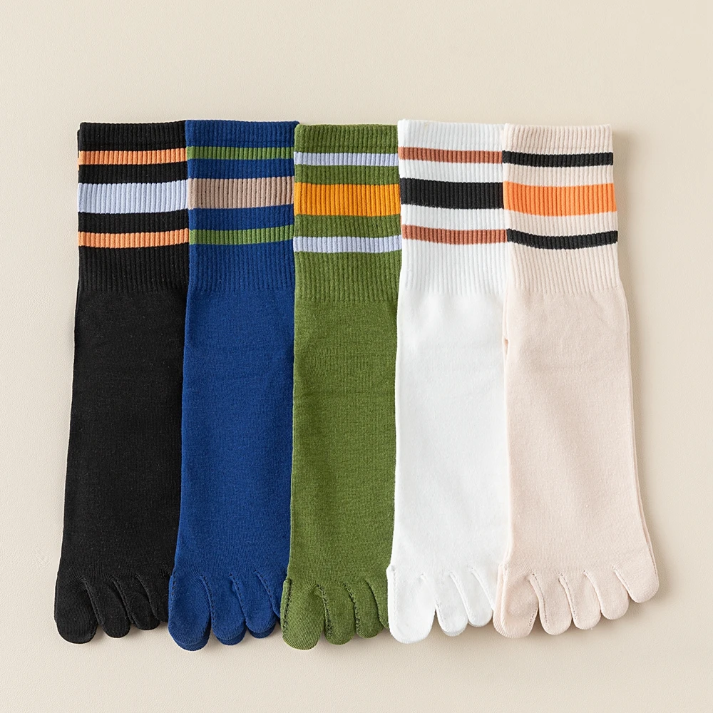 5 Pairs Men Five Toe Socks with Separate Fingers Mid Tube Five Finger Socks Striped Cotton Sports Socks Summer High Quality