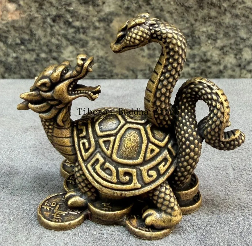 Solid Brass Black Tortoise Snake Xuanwu Statue Wealth Coin Mini Desk Ornament