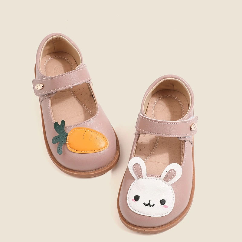 Autumn Genuine Leather Cartoon Rabbit Carrot Baby Girls\' Flat Shoes High Quality Arch Insole Little Kids Mary Jane Shoes