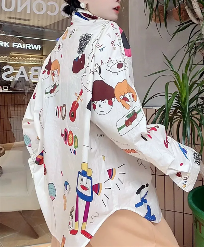 New Loose Shirt Women Turn-Down Cartoon Cute Print Long Sleeve Blouse Casual Feminina Blouses Women Shirts For Young Lady NZ213