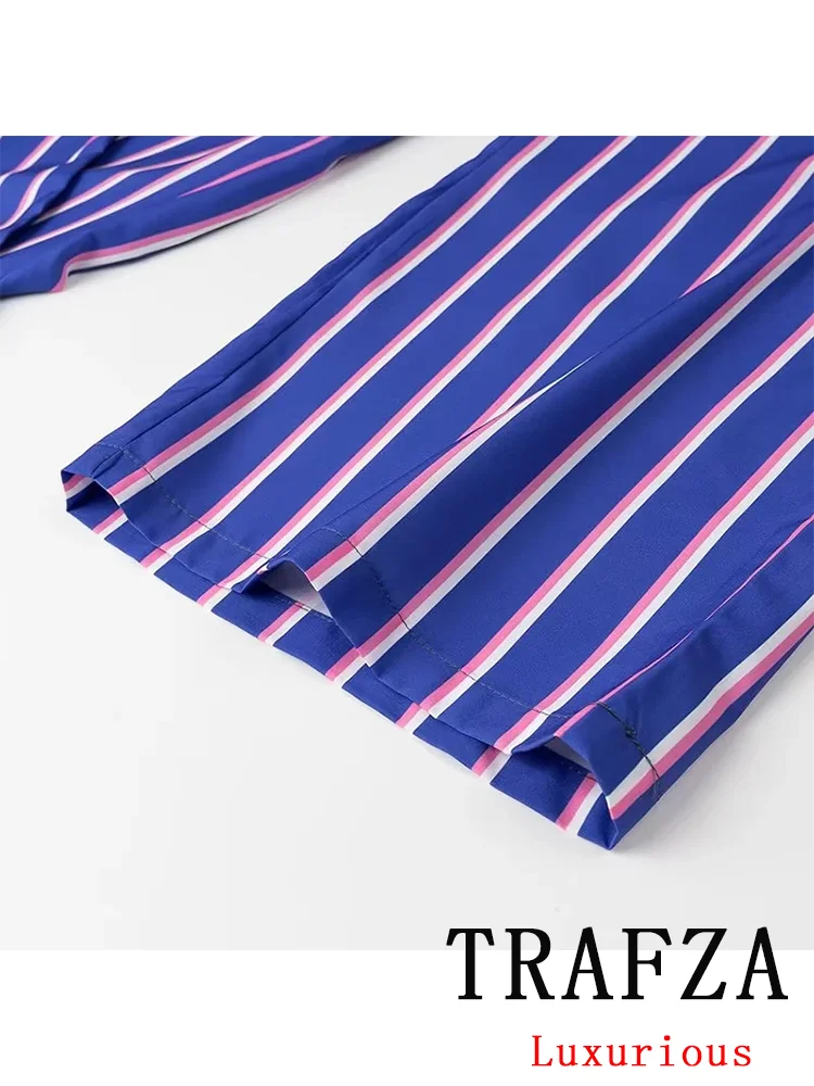 TRAFZA Vintage Casual Striped Women Suit Single Breasted Long Sleeve Shirt Loose Long Pants Chic Fashion 2024 Autumn Basics Sets