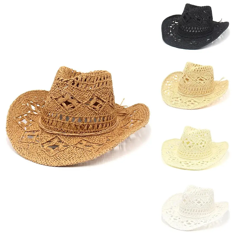 Stylish Wide Brim Straw Cowboy Hat Hollow Out Classic Fishing Hat Climbing Cap Vintage Panama Hat for Women & Men