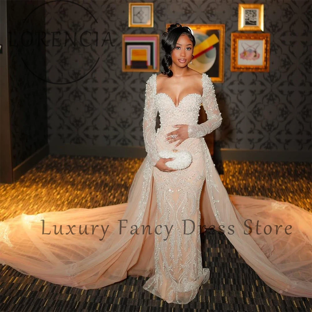 

Exquisite Beading Pearls Prom Dresses Long Sleeves Sweetheart Wedding Party Gowns Customized Detachable Train robe d'été femme