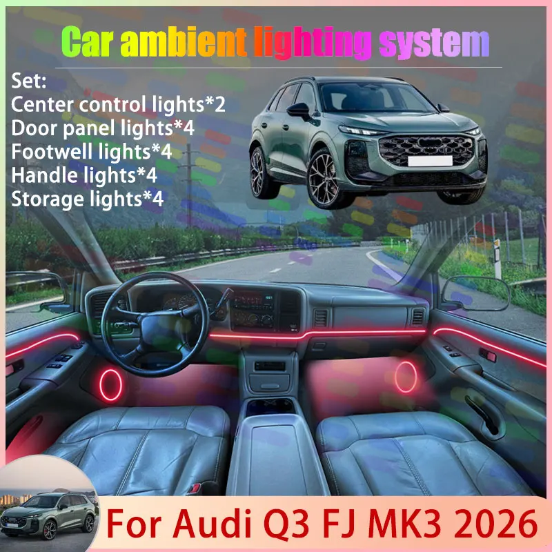 

Для Audi Q3 FJ MK3 3-й 3Gen 2026 2/18 в 1, автомобильная атмосферная лампа, абажур RGB, ансамбль, стример, атмосферный набор, автозапчасти