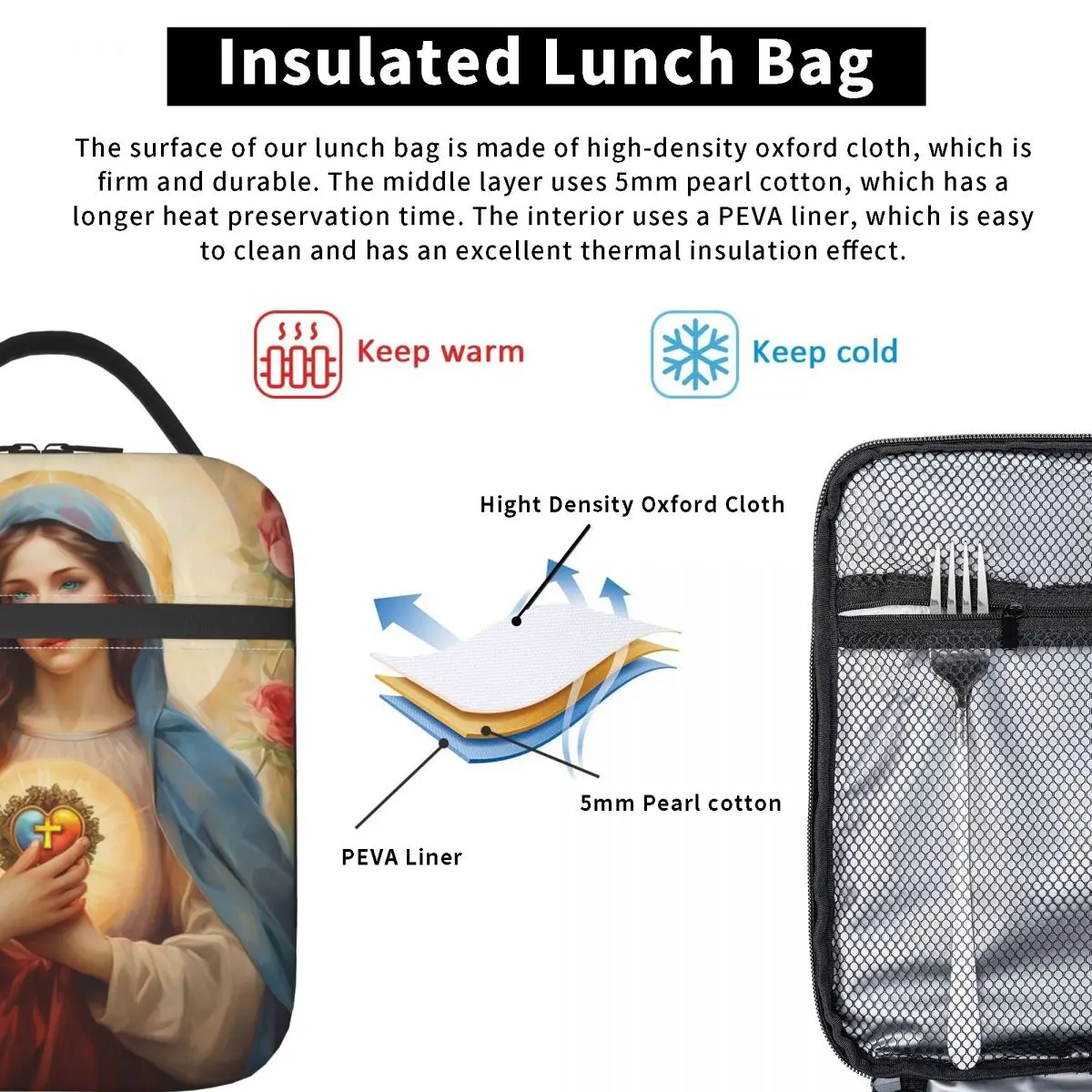 Immaculate Heart Of Mary Catholic Insulated Lunch Bags Jesus Christ Saint Storage Food Box Thermal Cooler Lunch Boxes For Travel